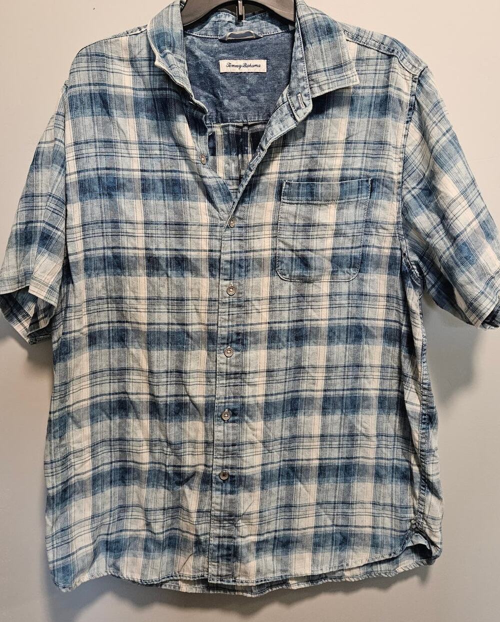 Men's Tommy Bahama SS Plaid Button Down Blue Soft Cotton Size L